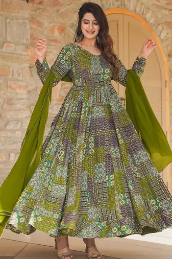 Green heavy digital printed heavy rayon anarkali suits