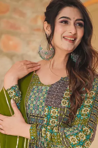 Green heavy digital printed heavy rayon anarkali suits