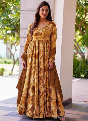 Mustard heavy digital printed heavy rayon anarkali suits 1