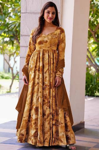 Mustard heavy digital printed heavy rayon anarkali suits