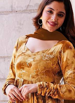 Mustard heavy digital printed heavy rayon anarkali suits 2