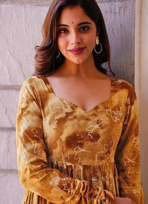 Mustard heavy digital printed heavy rayon anarkali suits 4