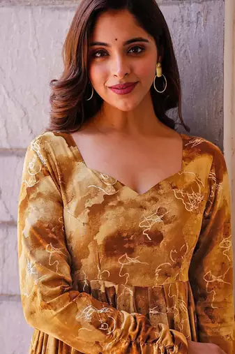 Mustard heavy digital printed heavy rayon anarkali suits