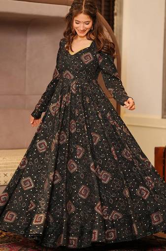 Black heavy digital printed heavy rayon anarkali suits