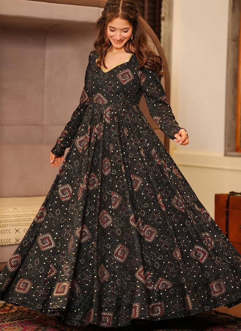 Black heavy digital printed heavy rayon anarkali suits