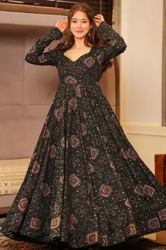 Black heavy digital printed heavy rayon anarkali suits