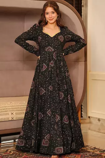 Black heavy digital printed heavy rayon anarkali suits