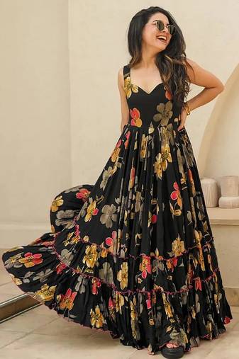 Black heavy digital printed heavy rayon gown style
