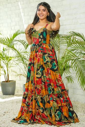 Multicolor heavy digital printed heavy rayon gown style