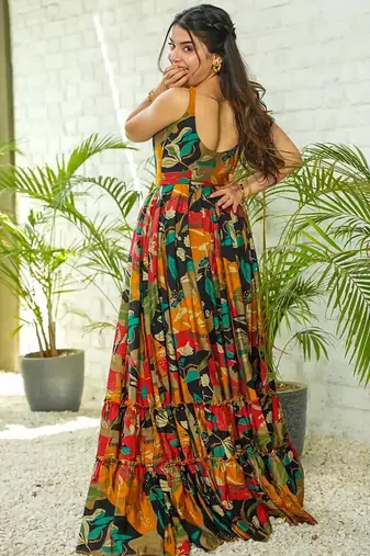 Multicolor heavy digital printed heavy rayon gown style