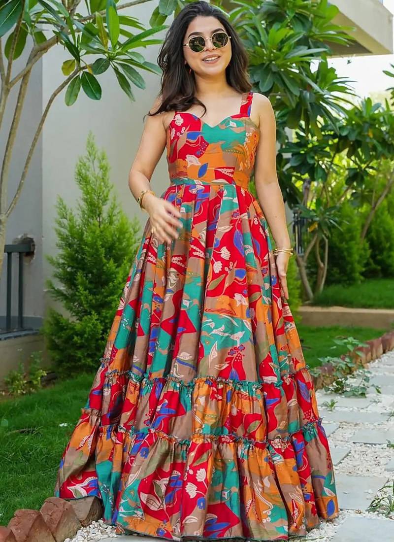 Multicolor heavy digital printed heavy rayon gown style
