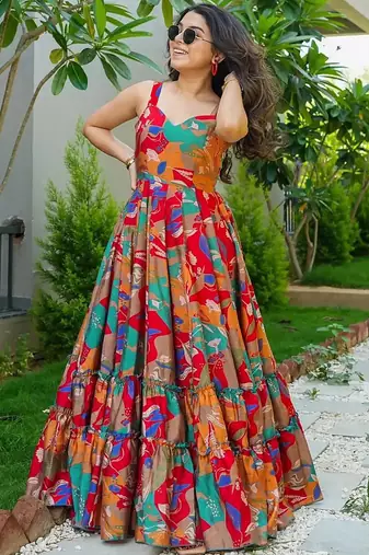 Multicolor heavy digital printed heavy rayon gown style