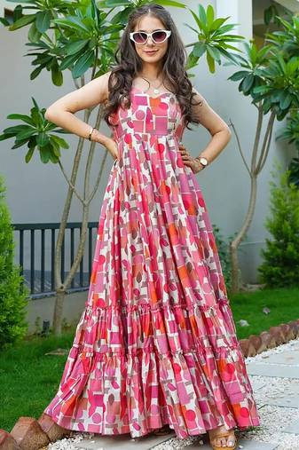 Baby pink heavy digital printed heavy rayon gown style