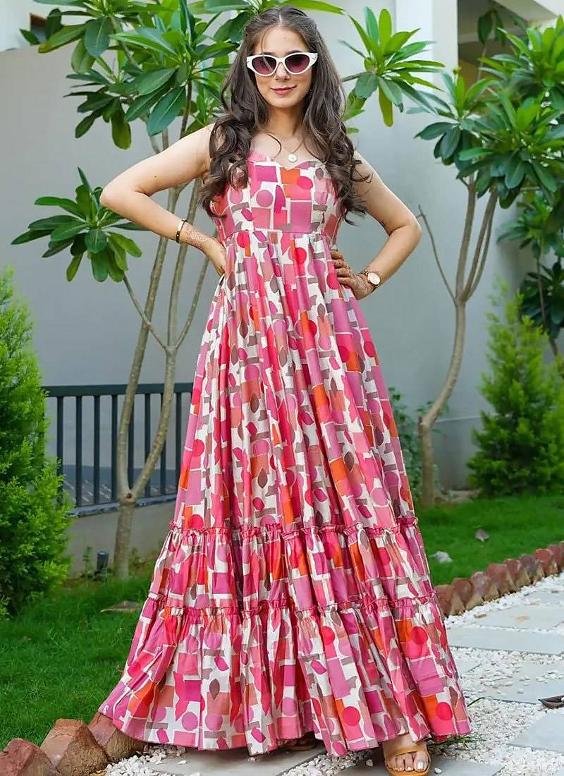 Baby pink heavy digital printed heavy rayon gown style