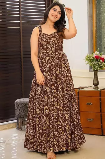 Brown heavy digital printed heavy rayon gown style
