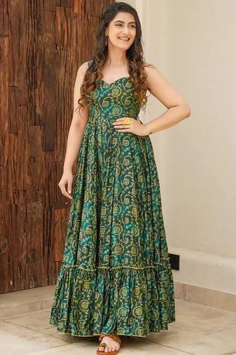Green heavy digital printed heavy rayon gown style