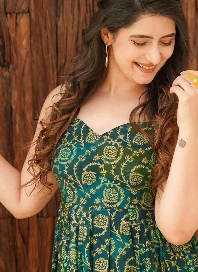 Green heavy digital printed heavy rayon gown style