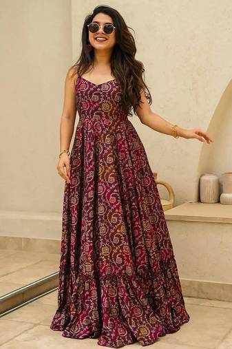 Purple heavy digital printed heavy rayon gown style