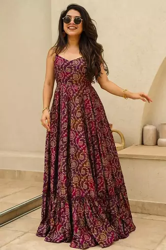 Purple heavy digital printed heavy rayon gown style
