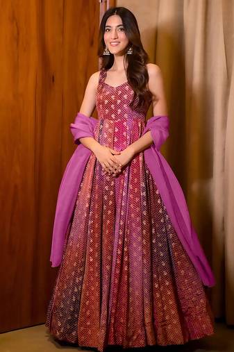 Rani-pink digital print heavy airtex chinon anarkali suits