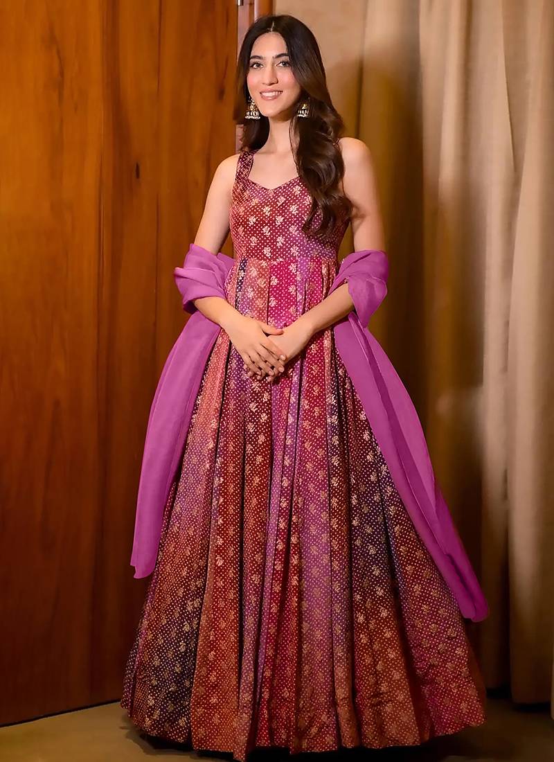 Rani-pink digital print heavy airtex chinon anarkali suits