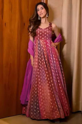 Rani-pink digital print heavy airtex chinon anarkali suits