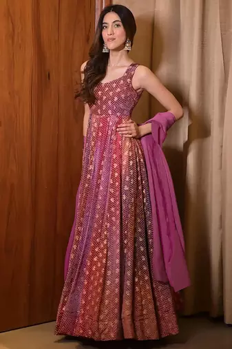 Rani-pink digital print heavy airtex chinon anarkali suits