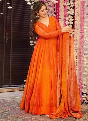 Orange digital print heavy airtex chinon anarkali suits 1