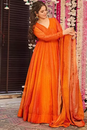 Orange digital print heavy airtex chinon anarkali suits