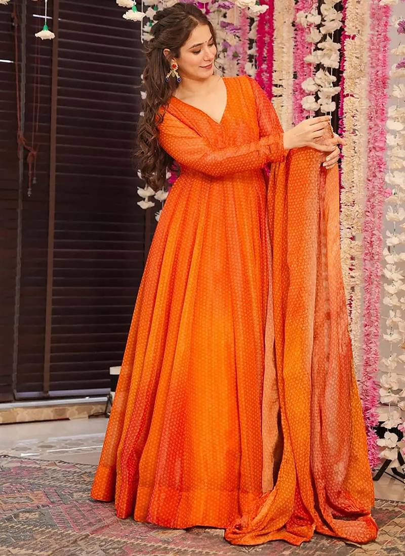 Orange digital print heavy airtex chinon anarkali suits