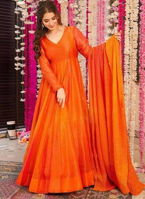 Orange digital print heavy airtex chinon anarkali suits 2