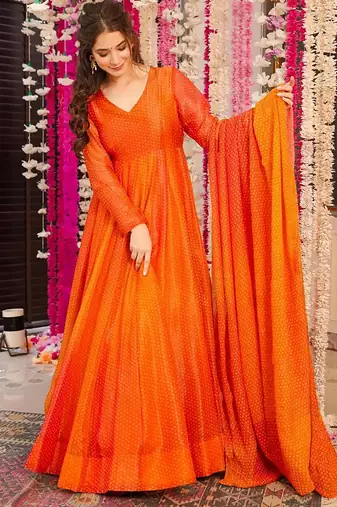 Orange digital print heavy airtex chinon anarkali suits