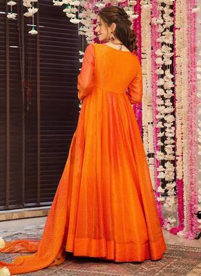 Orange digital print heavy airtex chinon anarkali suits 3