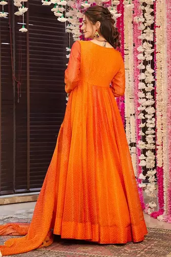 Orange digital print heavy airtex chinon anarkali suits