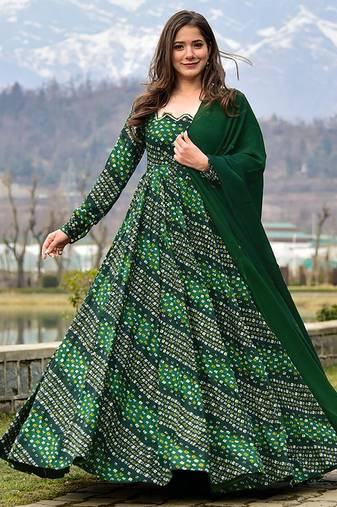 Green digital print heavy rayon anarkali suits