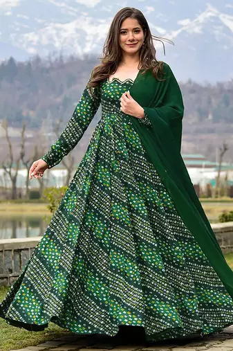 Green digital print heavy rayon anarkali suits