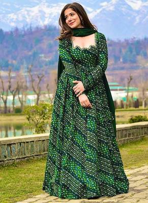 Green digital print heavy rayon anarkali suits 2