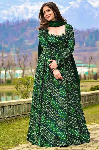 Green digital print heavy rayon anarkali suits