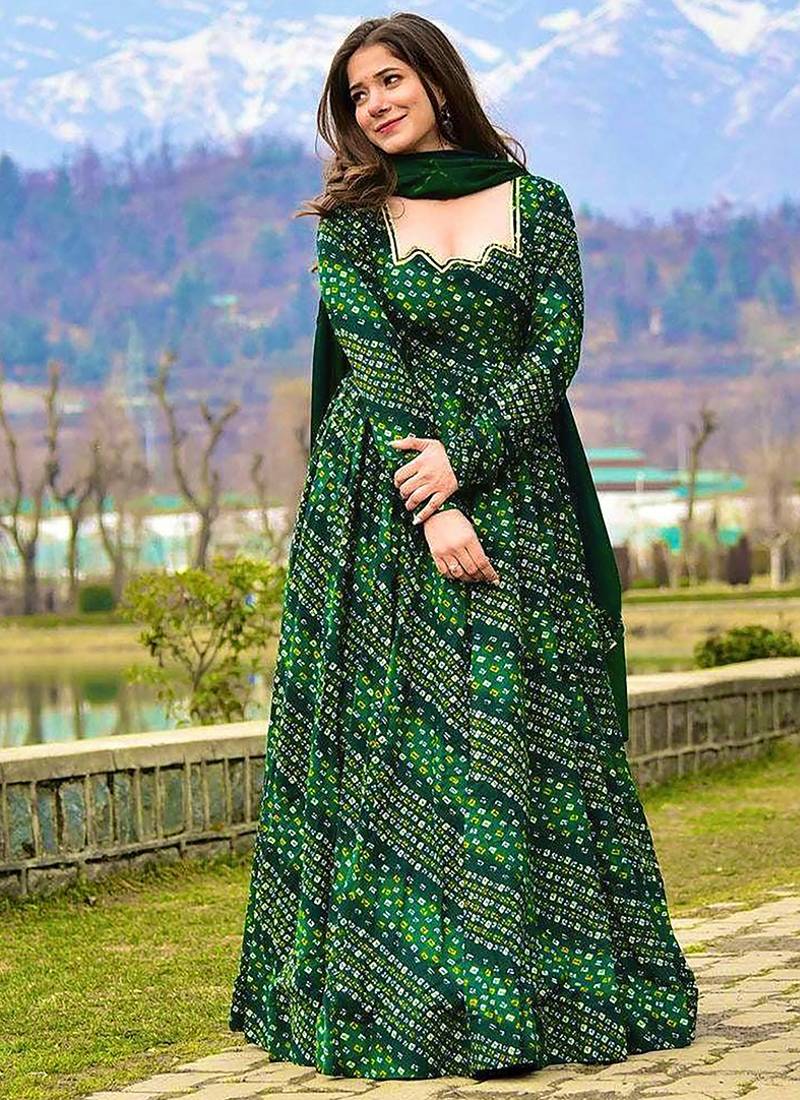 Green digital print heavy rayon anarkali suits