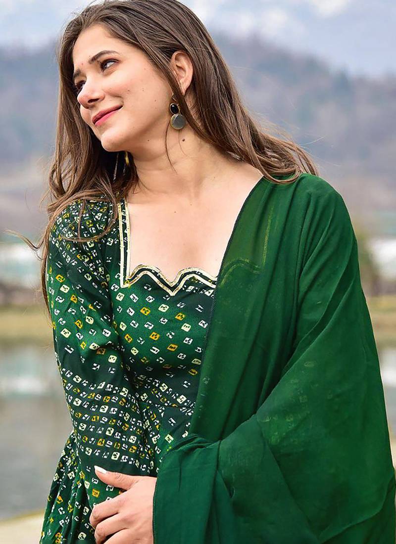 Green digital print heavy rayon anarkali suits