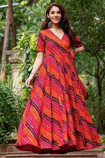 Orange-rani digital print heavy rayon anarkali suits