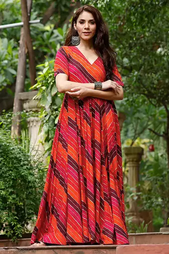 Orange-rani digital print heavy rayon anarkali suits