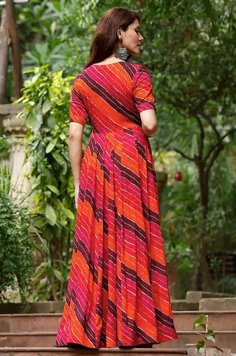 Orange-rani digital print heavy rayon anarkali suits
