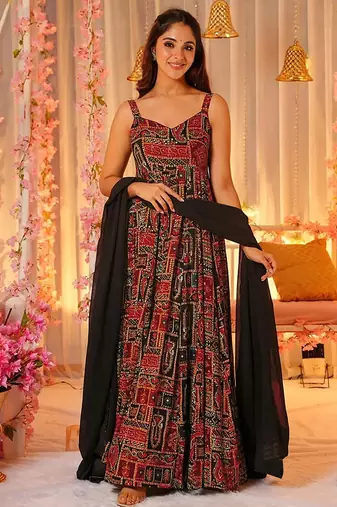 Multicolor digital print heavy rayon anarkali suits