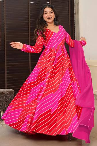 Red pink digital print heavy rayon anarkali suits