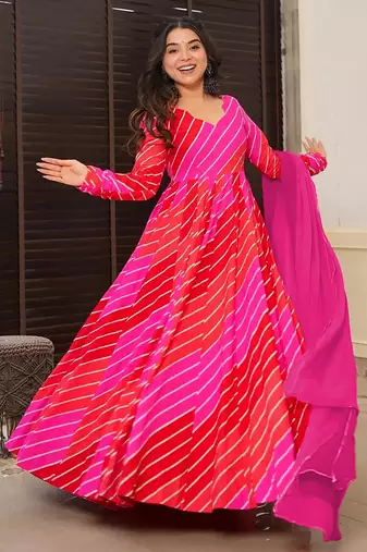 Red pink digital print heavy rayon anarkali suits