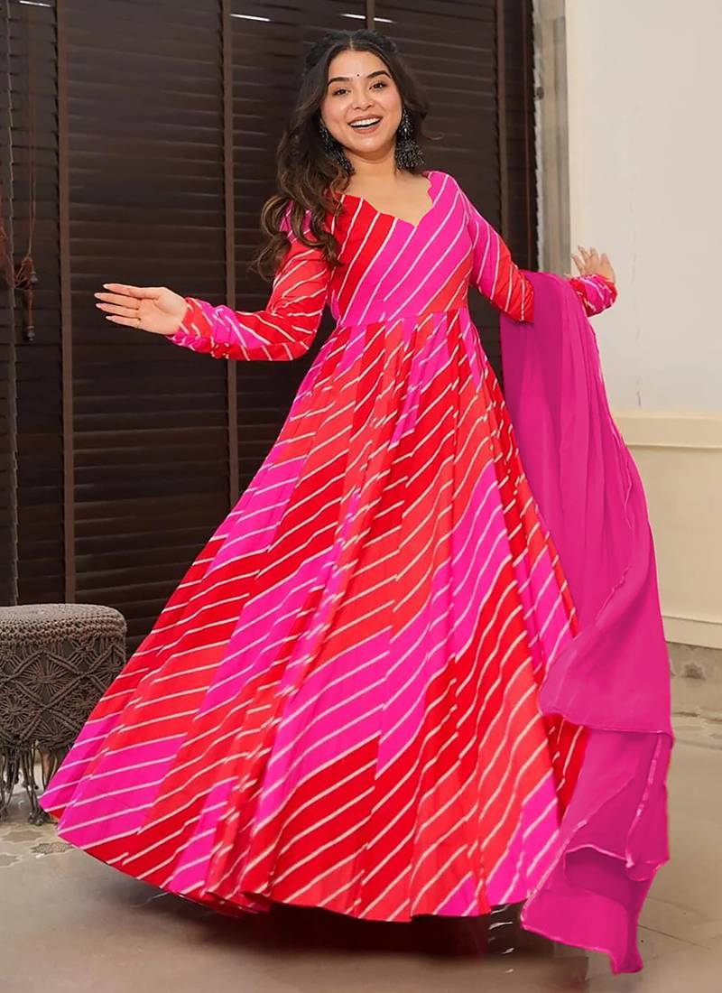 Red pink digital print heavy rayon anarkali suits