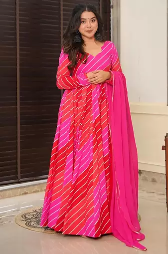 Red pink digital print heavy rayon anarkali suits