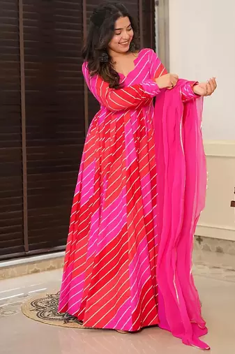 Red pink digital print heavy rayon anarkali suits