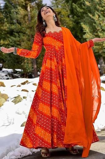 Orange red digital print heavy rayon anarkali suits